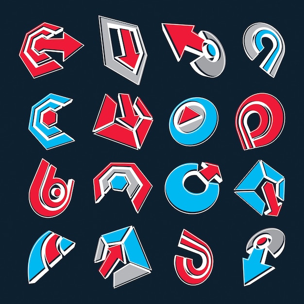 Vector 3d abstracte geplaatste pictogrammen, eenvoudige collectieve grafische ontwerpelementen. Rode en blauwe marketing symbolen set geïsoleerd op zwarte achtergrond.