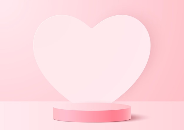 Vector 3d-achtergrond met een podium op een roze achtergrond en harten voor geliefden op valentijnsdag