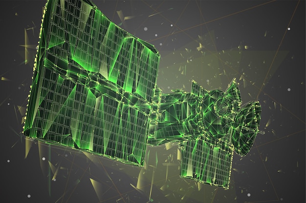 Vector 3d background. communication satellite in a volumetric triangular style. abstract caotic particle explosion