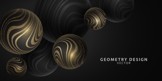 Vector 3d-bollen met goud glinsterende golvende gestreepte patroon. geometrisch ontwerp. bellenachtergrond