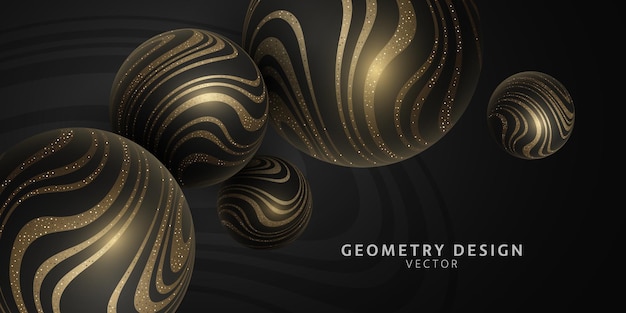 Vector 3d-bollen met goud glinsterende golvende gestreepte patroon. geometrisch ontwerp.