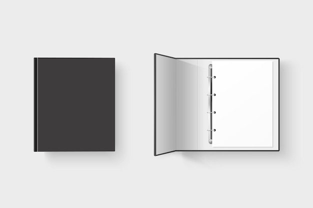 ベクトル3d閉じて開いた現実的な黒の空白の空のオフィスバインダーセットa4紙シートのクローズアップのための金属リングと白い背景で隔離デザインテンプレートモックアップ上面図