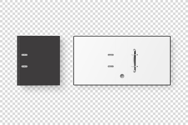 ベクトル 透明な背景デザインテンプレートモックアップ上面図に分離されたa4紙シートのクローズアップのための金属リングとベクトル3d閉じて開いた現実的な黒の空白のオフィスバインダーセット
