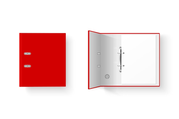 Vector vector 3d closed and opened realistic red blank office binder set with metal rings with a4 paper sheet closeup isolated on white background design template mockup top view