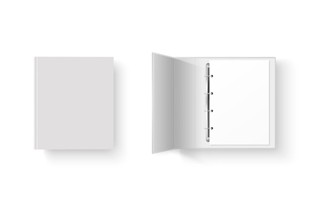 벡터 3d 폐쇄 및 개방 현실적인 흰색 빈 빈 사무실 바인더 A4 종이 시트 근접 촬영에 대 한 금속 링 세트 흰색 배경 디자인 서식 파일 이랑 평면도에 고립