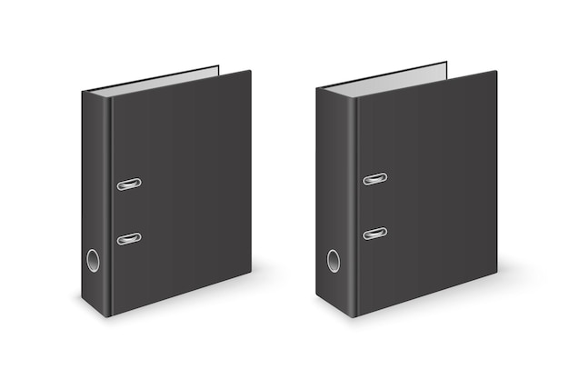 ベクトル3d閉じた現実的な黒の空白のオフィスバインダーファイルA4の金属リング付き紙シートクローズアップ白い背景で隔離4cm8cm5cm10cmデザインテンプレートモックアップ側面等角投影図