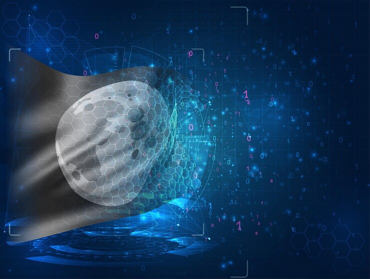 Vector vector 3d flag on blue background with hud interfaces, moon