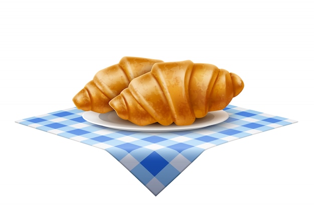 Vector vector 3d franse croissantschotel bij blauw tafelkleed