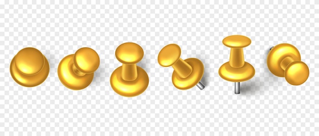 ベクター 3D ゴールド プッシュピン 透明な背景に影を隔離したリアルなタムタックのセット