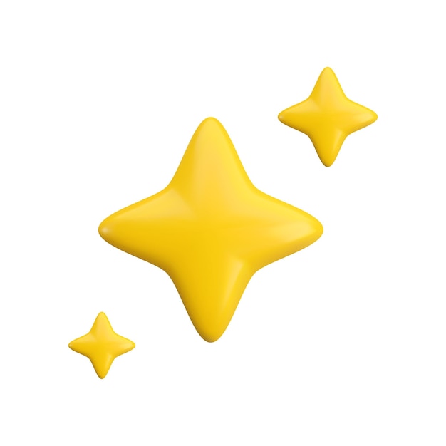 Vector vector 3d gold sparkle star set on white background cute realistic cartoon 3d render glossy yellow four pointed shining stars concept for magic sparkling decoration web game app flash symbol