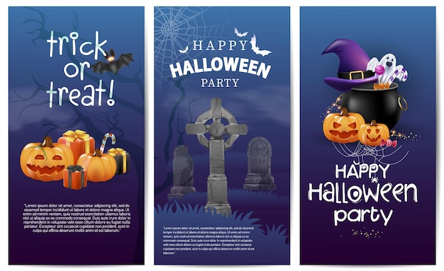 Vector 3d happy halloween template a set of three different banners for design realistic pumpkins with a hat a bowler hat a ghost graves on a dark backgroundbeautiful inscriptions