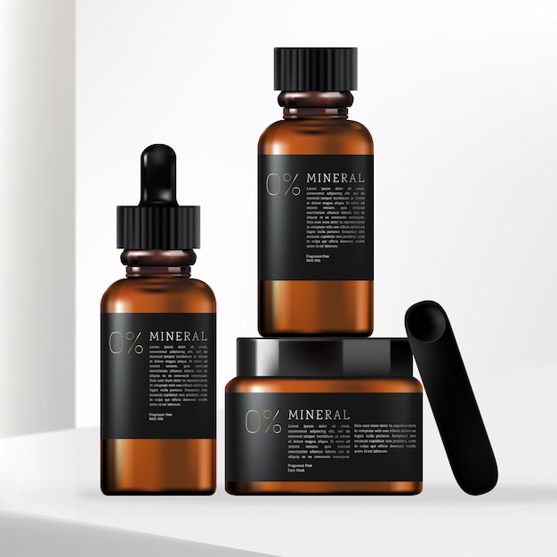 vector 3d illustration tinted brown glass or plastic jar pump bottle dropper bottle hand cream tube package set with minimalist wrap around label designx9