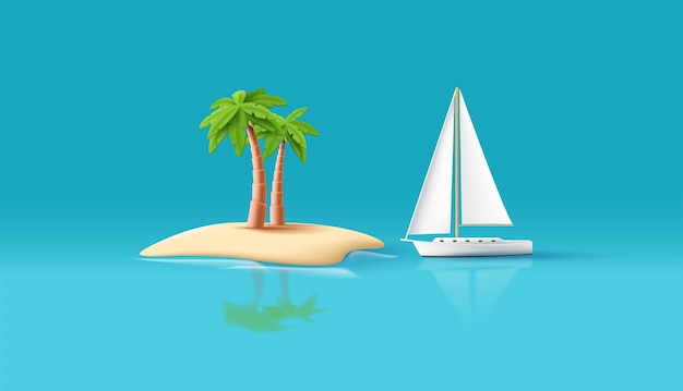 Vector 3d illustration of tourist island with palm tree and yacht on the sea uninhabeted island eco tourism vacation