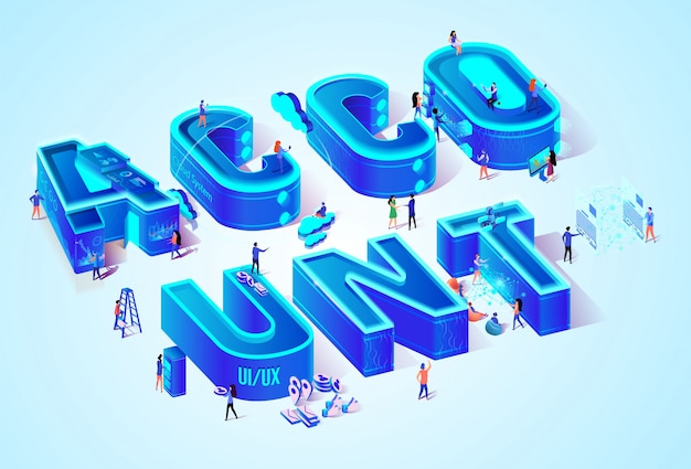 Vector 3d neon isometric word account and people