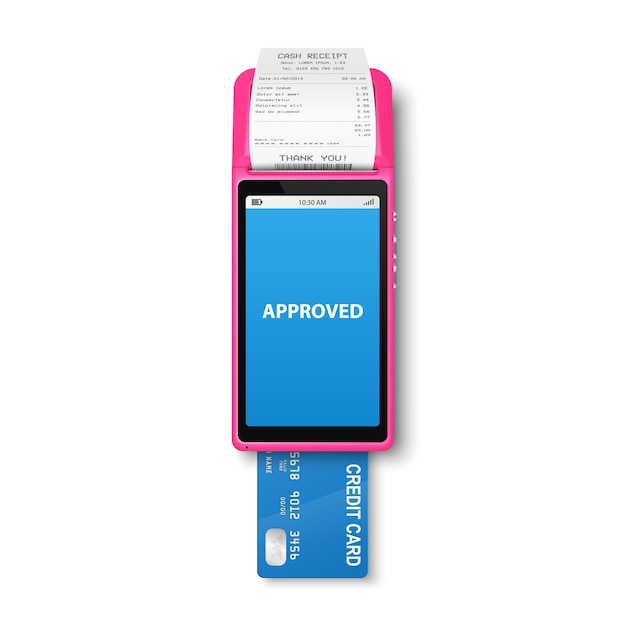 Vector 3D NFC-betalingsmachine met goedgekeurde status Papieren ontvangst Creditcard Wifi Draadloze betaling POS-terminal Machine Ontwerpsjabloon van bankbetaling Contactloze terminal Mockup Bovenaanzicht