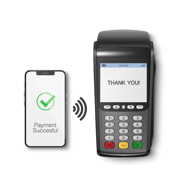 Vector 3d NFC Payment Machine and Smartphone Payment Succesful Approved Transaction POS Terminal Machine Phone Isolated Design Template of Bank Payment Wireless Contactless Terminal Mockup