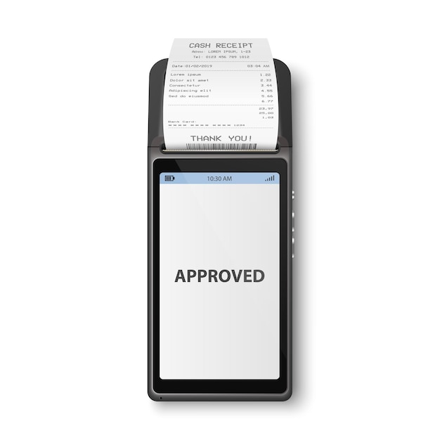 Vector vector 3d nfc payment machine with approved status and paper bill receipt isolated wifi wireless payment pos terminal machine design template bank payment contactless terminal mockup top view