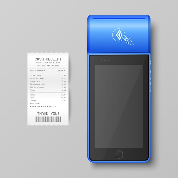ベクター 3D NFC ペイメントマシン 認証されたステータス 紙 チェック 領収書 孤立したWi-Fi ワイヤレス 支払い POS ターミナル マシン デザイン テンプレート 銀行 支払い コンタクトレス ターミナルのモックアップ トップ ビュー