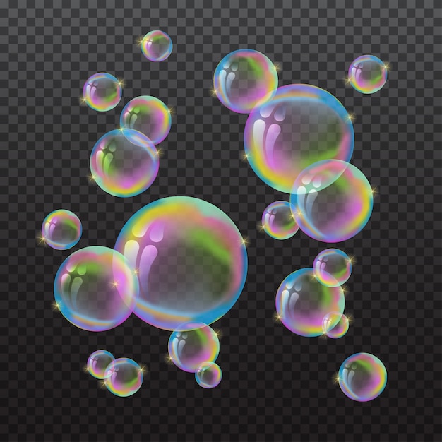 Vector 3d rainbow water bubbles isolated on dark transparent .