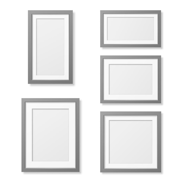 Vector 3d reaistic wooden or plastic simple modern minimalistic gray picture frame set isolated on white background design template for mockup presentations art projects and photos