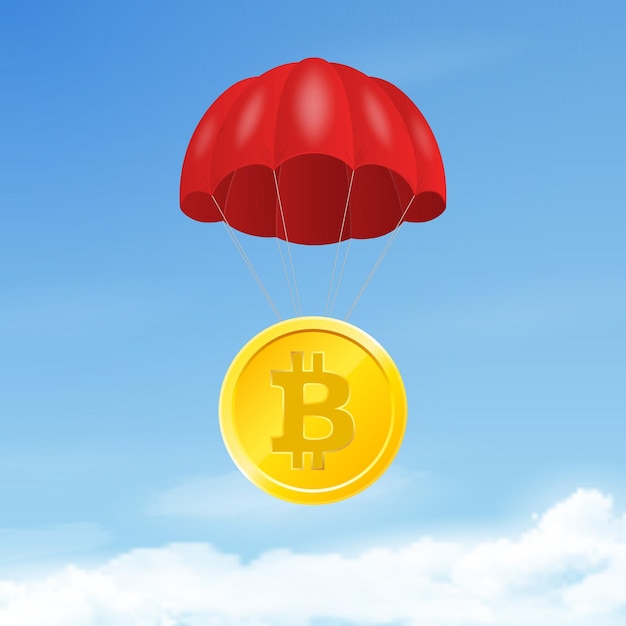 Vector 3d Realistic Bitcoin with Parachute in Sky Rising Price of Bitcoin Web banner of Blockchain Technology Bitcoin Altcoins Cryptocurrency Mining Finance Digital Money Market