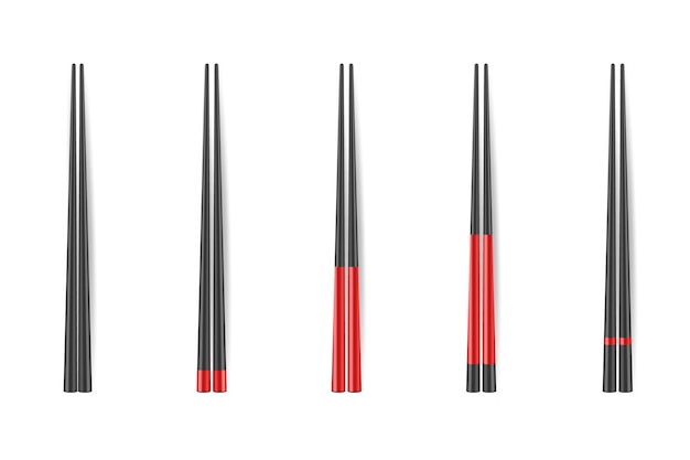 벡터 3d 현실적인 검정과 빨강 젓가락 세트 근접 촬영 음식 스틱 아시아 대나무 기구의 흰색 디자인 서식 파일에 고립 된 전통적인 일본 문화 식기 이랑 상위 전면 보기