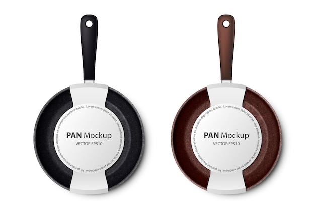 Vector 3d realistic black and brown empty frying pan with paper label set closeup isolated on white background design template for mockup top view