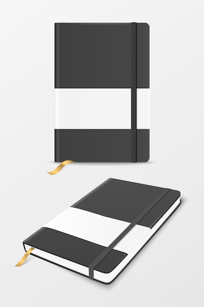 ラベルとブックマークセットがモックアップ用の弾性バンド付きコピーブックの白いデザインテンプレートで分離されたベクトル3d現実的な黒の閉じた空白の紙のノートブックロゴ印刷正面図を表示します