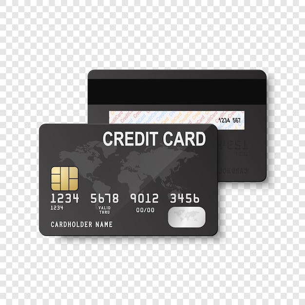 Vector 3d Realistic Black Credit Card with Map Isolated Design Template of Plastic Credit or Debit Card for Mockup Branding Credit Card Payment Concept Front Top View