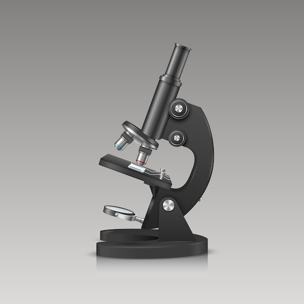 Vettore vector 3d microscopio da laboratorio nero realistico isolato strumento di biologia chimica laboratorio scientifico ricerca istruzione modello di progettazione infografica