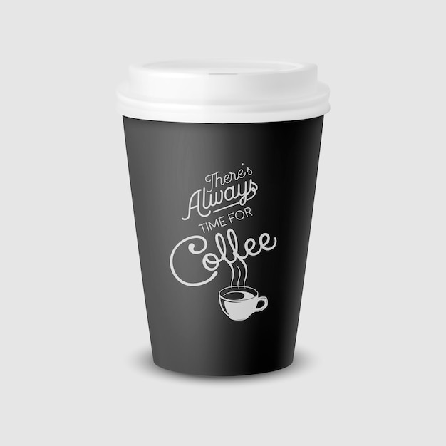 ベクトル 3 d 現実的な黒い紙使い捨てカップ ホワイト バック グラウンドに分離された白いふた付き タイポグラフィ コーヒーについての引用句 株式ベクトル イラスト デザイン テンプレート フロント ビュー