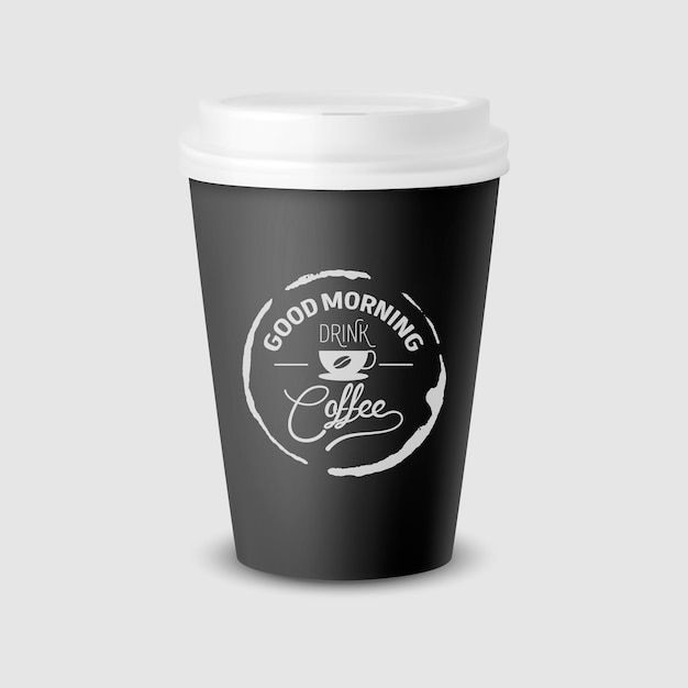 Vector 3d realistic black paper disposable cup with white lid isolated on white background typography quote phrase about coffee stock vector illustration design template front view