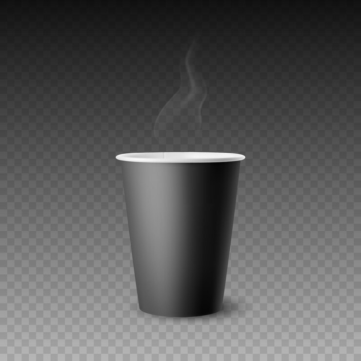 Vector vector 3d realistic black paper glossy disposable cup for beverage drinks with smoke isolated coffee soda tea cocktail milkshake design template of packaging for mockup front view