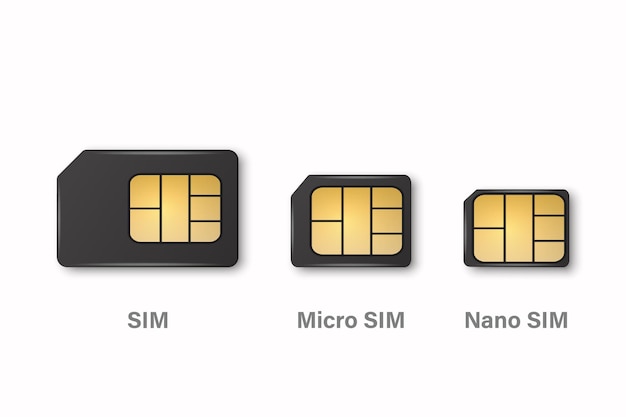 Векторный 3d реалистичный черный пластиковый Sim Micro Sim Nano Sim Card Набор шаблонов Изолированный дизайн шаблона SIM-карты для макета брендинга, вид сверху