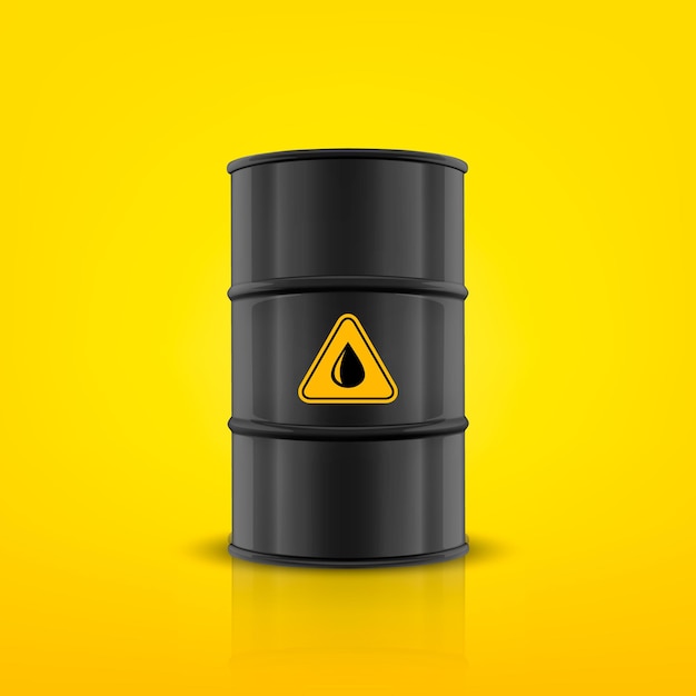 Векторная 3d реалистичная черная простая глянцевая эмалированная металлическая нефтяная топливная бочка с бензином на желтом фоне Дизайн шаблона упаковки для макета спереди