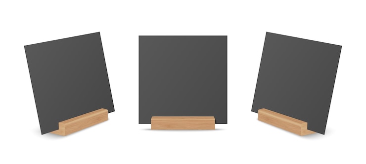 Vector vector 3d realistic black square empty blank paper sheet card on wooden holder stand