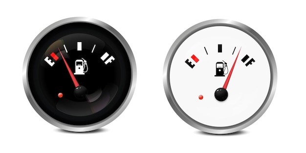 Vettore vettore 3d realistico in bianco e nero cerchio gas indicatore del serbatoio del carburante barra del livello dell'olio set di icone isolato su sfondo bianco dettagli del cruscotto dell'auto indicatore del carburante misuratore del gas modello di progettazione del sensore
