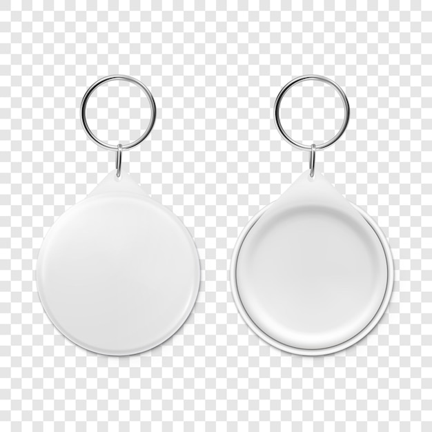 Vector 3d realistic blank round keychain with ring and chain for key isolated button badge with ring plastic metal id badge with chains key holder design template mockup