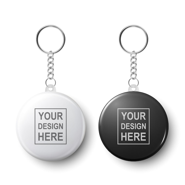 Vector 3d Realistic Blank White and Black Round Keychain with Ring and Chain for Key Isolated on White Button Badge with Ring Plastic Metal ID Badge with Chains Key Holder Design Template Mockup