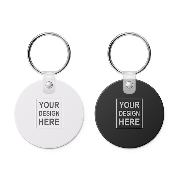 Vector 3d Realistic Blank White Black Round Keychain with Ring and Chain for Key Set Isolated Button Badge with Ring Paper Plastic Metal ID Badge with Chains Key Holder Design Template Mockup