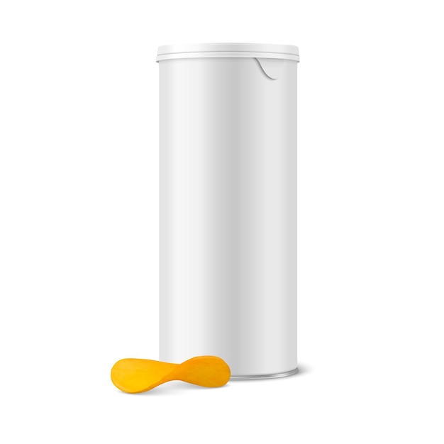 ベクトル 3 d のリアルな空白のホワイト メタル缶缶詰食品ポテトチップス包装蓋とリアルなテクスチャ チップ ホワイト デザイン テンプレート モックアップ フロント ビューに分離