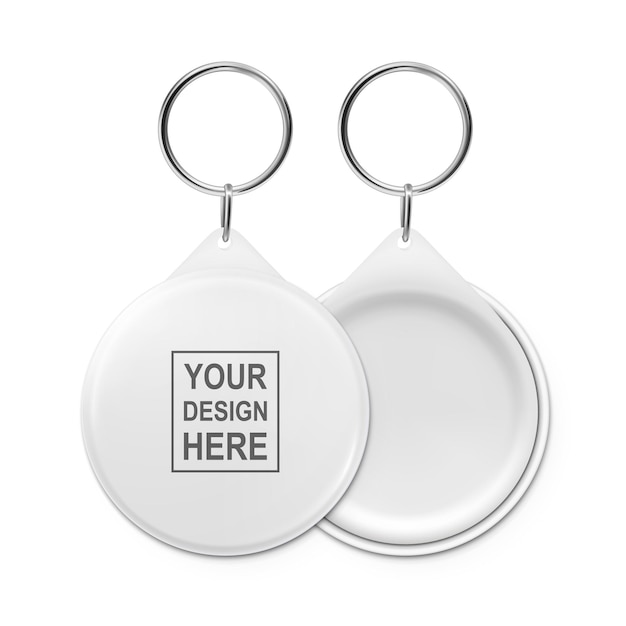 Vector 3d Realistic Blank White Round Keychain with Ring and Chain for Key Isolated Button Badge with Ring Plastic Metal ID Badge with Chains Key Holder Design Template Mockup