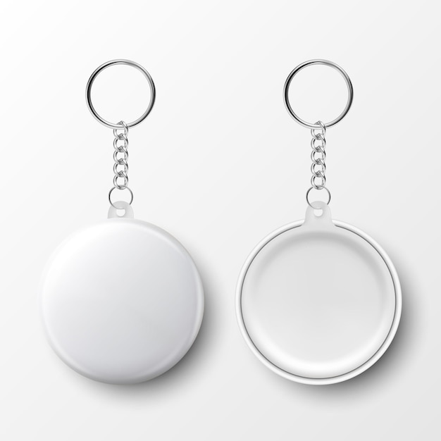 Vector 3d realistic blank white round keychain with ring and chain for key isolated on white button badge with ring plastic metal id badge with chains key holder design template mockup