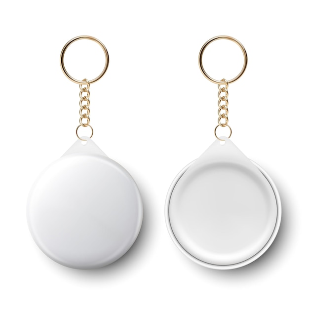 Vector vector 3d realistic blank white round keychain with ring and chain for key isolated on white button badge with ring plastic metal id badge with chains key holder design template mockup