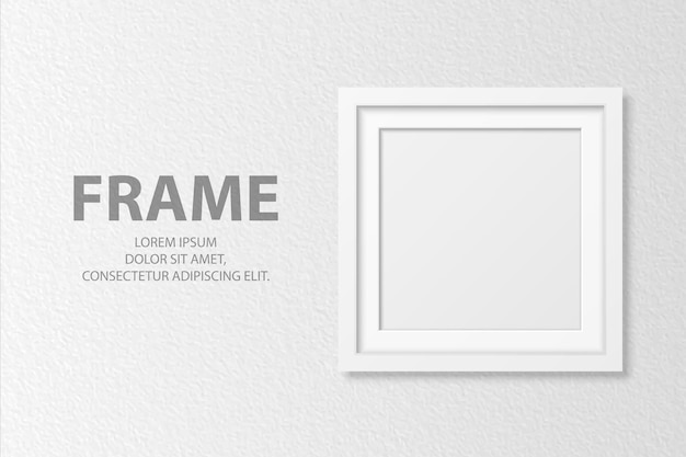 Vector 3d realistico vuoto quadrato bianco in legno semplice cornice moderna su sfondo bianco muro strutturato può essere utilizzato per presentazioni modello di progettazione per mockup vista frontale