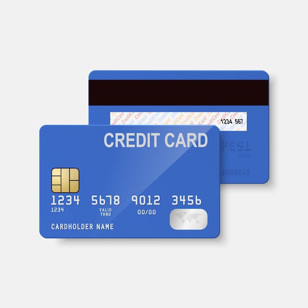 Vector 3d Realistic Blue Credit Card Isolated Design Template of Plastic Credit or Debit Card for Mockup Branding Credit Card Payment Concept Front Back View