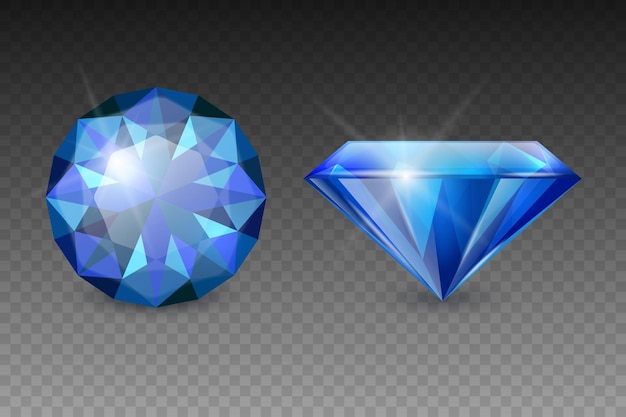 Vector vector 3d realistic blue transparent gemstone diamond crystal rhinestones icon set closeup isolated jewerly concept design template clipart top and side view