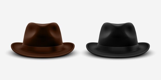 vector 3d realistic brown and black vintage classic gentleman black hat cap set closeup isolated on white background front view unisex hat design template vector illustration