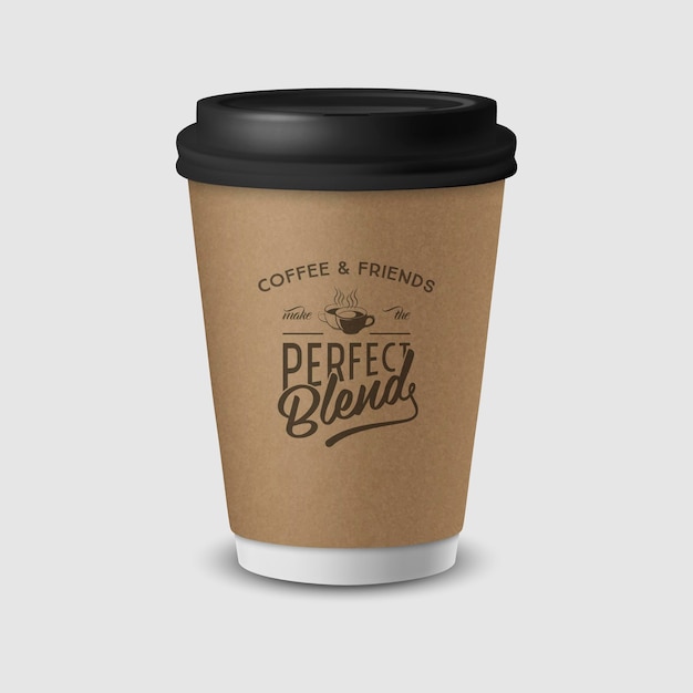 ベクトル 3 d 現実的な茶色の紙の使い捨てカップ ホワイト バック グラウンドに分離された黒いふた付き コーヒー株式ベクトル イラスト デザイン テンプレート正面図のタイポグラフィ引用句