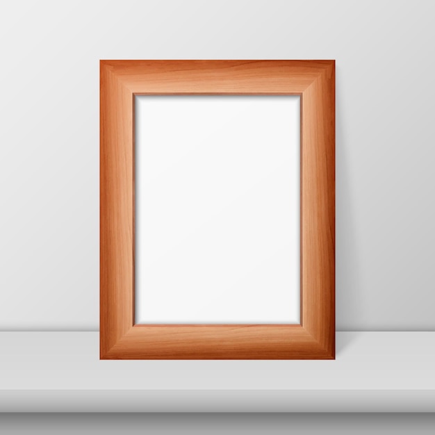 Векторная 3d реалистичная коричневая деревянная простая современная рамка на белой полке или столе и белом фоне стены. его можно использовать для презентаций шаблон дизайна для макета спереди